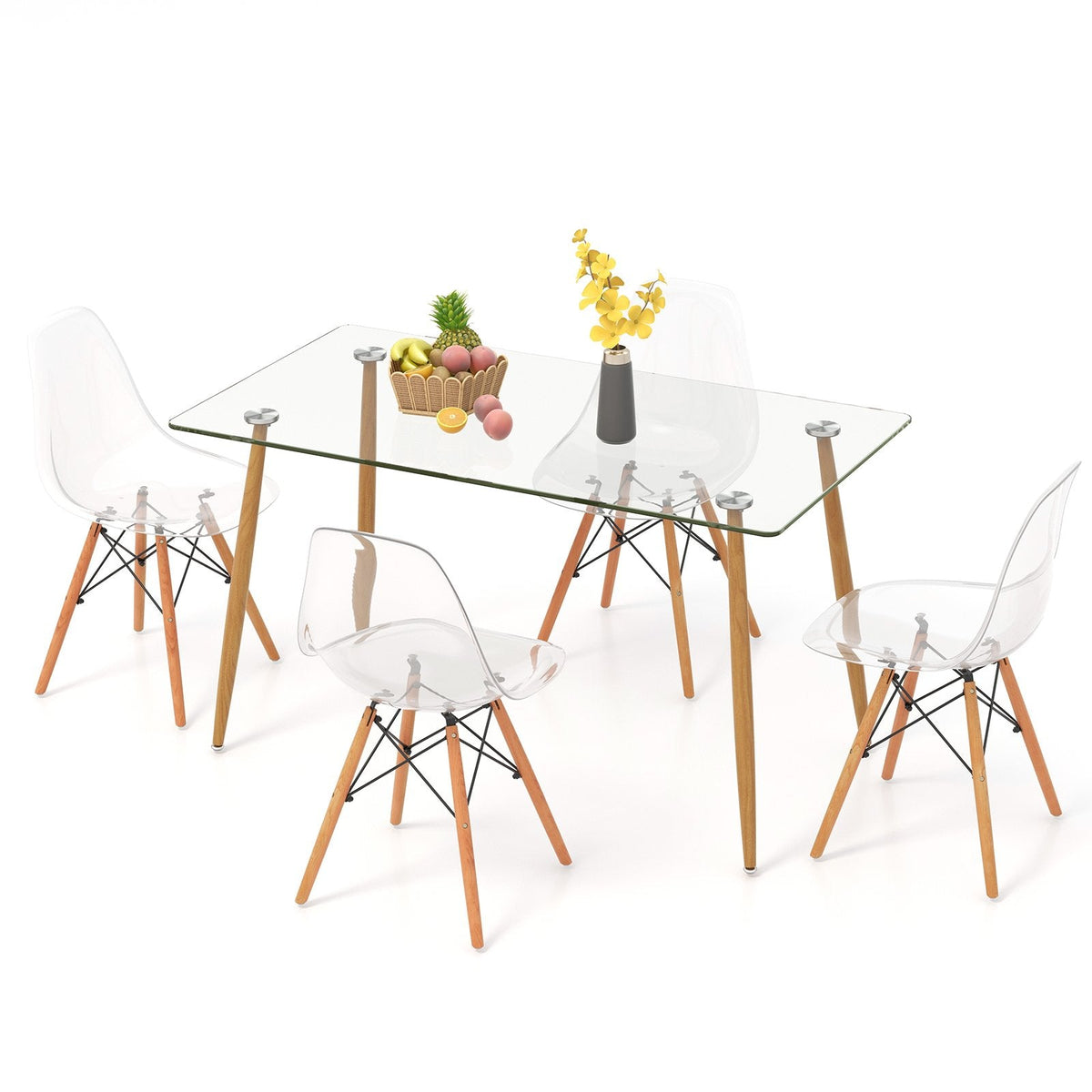 Ensemble de salle à manger rectangulaire 5 pièces avec plateau de table en verre de 130 cm – Transparent