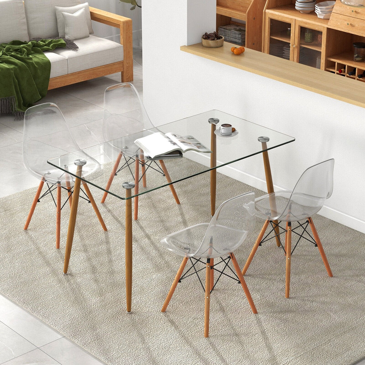 Ensemble de salle à manger rectangulaire 5 pièces avec plateau de table en verre de 130 cm – Transparent