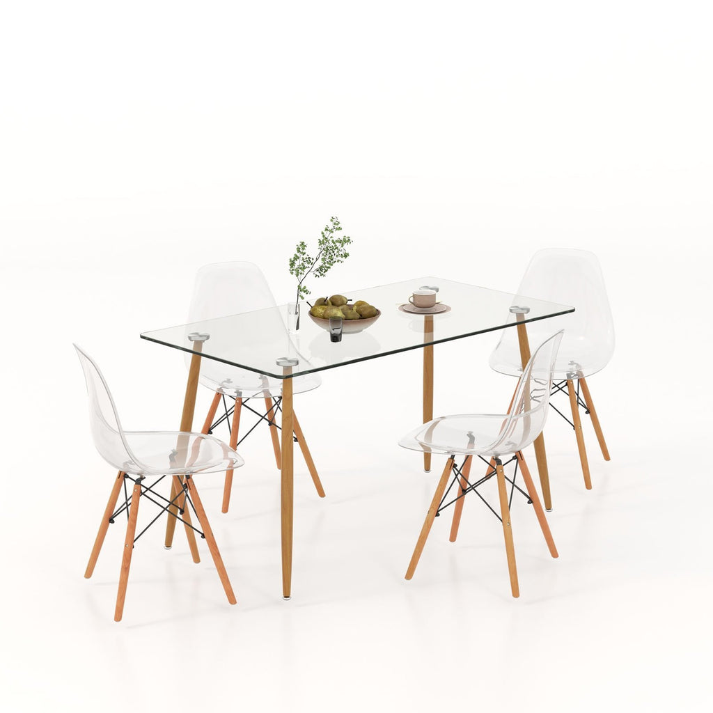 Ensemble de salle à manger rectangulaire 5 pièces avec plateau de table en verre de 130 cm – Transparent