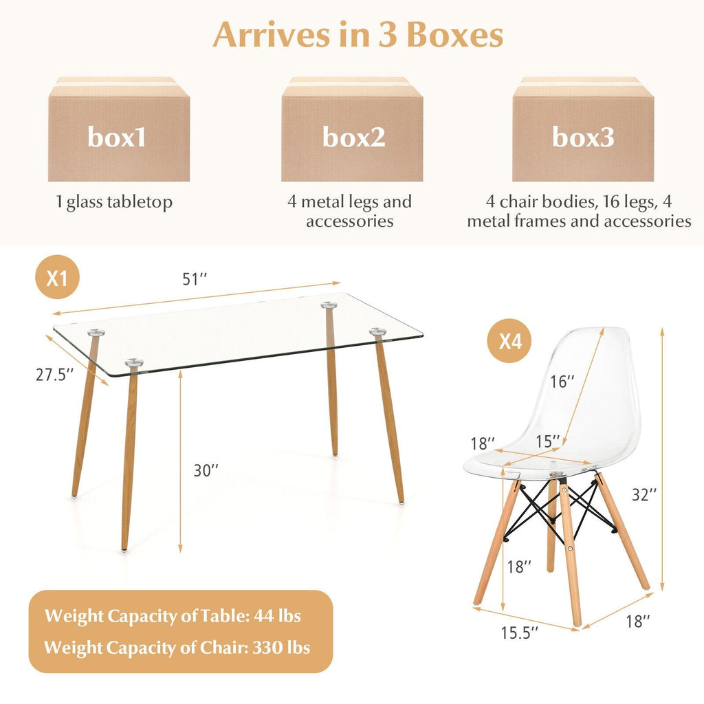 Ensemble de salle à manger rectangulaire 5 pièces avec plateau de table en verre de 130 cm – Transparent