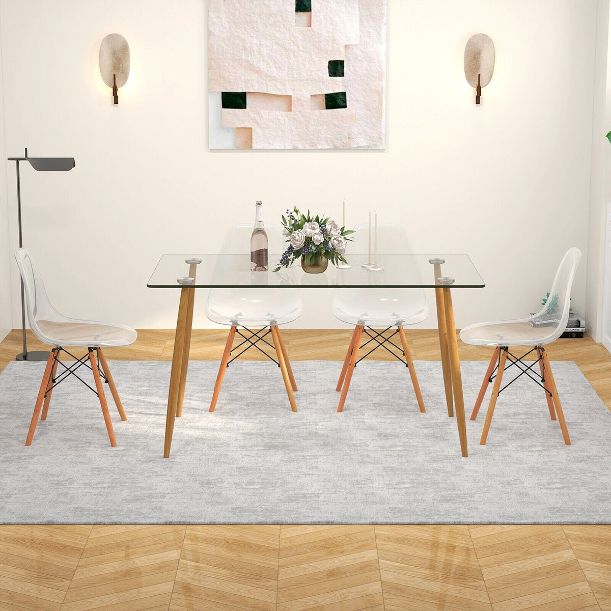 Ensemble de salle à manger rectangulaire 5 pièces avec plateau de table en verre de 130 cm – Transparent