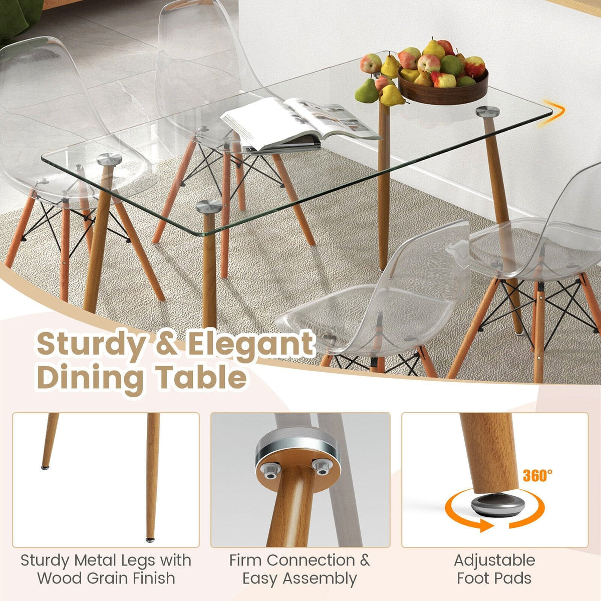 Ensemble de salle à manger rectangulaire 5 pièces avec plateau de table en verre de 130 cm – Transparent