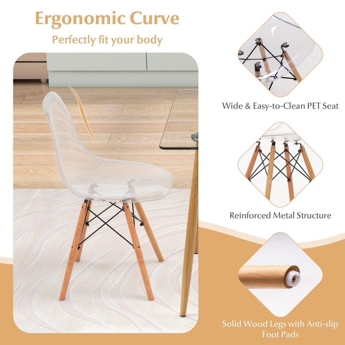 Ensemble de salle à manger rectangulaire 5 pièces avec plateau de table en verre de 130 cm – Transparent