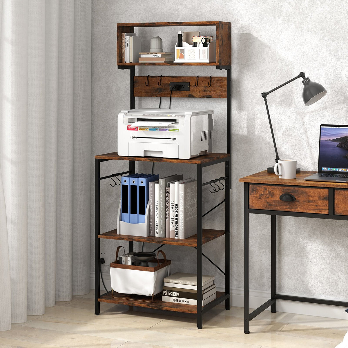5-Tier Microwave Stand with Power Outlet and 10 S-shape Hooks-Rustic Brown