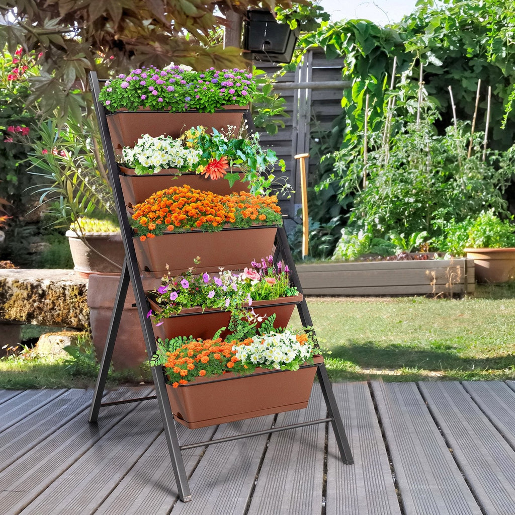 5段式縦型ガーデンプランター（ブラウン）、5つのコンテナ付き自立式レイズドベッド