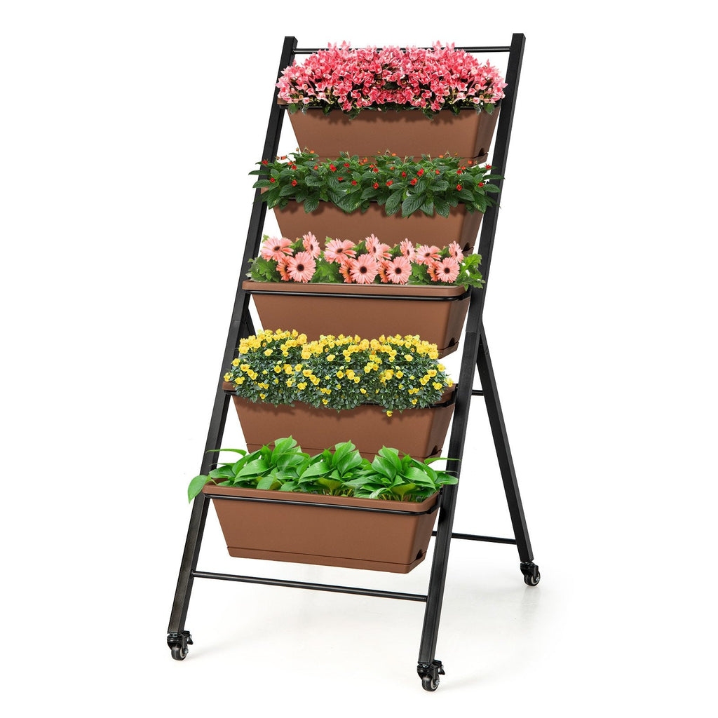 Jardinera elevada vertical de 5 niveles con ruedas y contenedores-Marrón