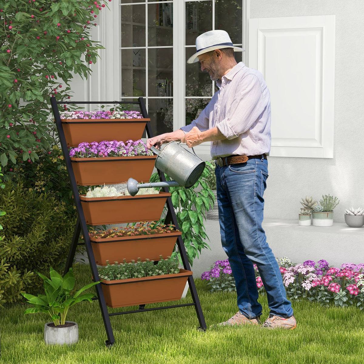 Jardinera elevada vertical de 5 niveles con ruedas y contenedores-Marrón