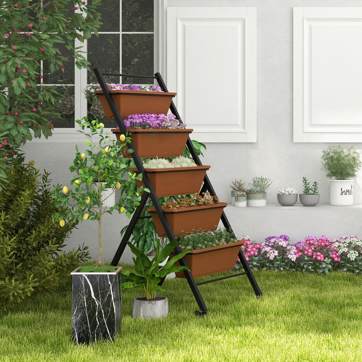 Jardinera elevada vertical de 5 niveles con ruedas y contenedores-Marrón