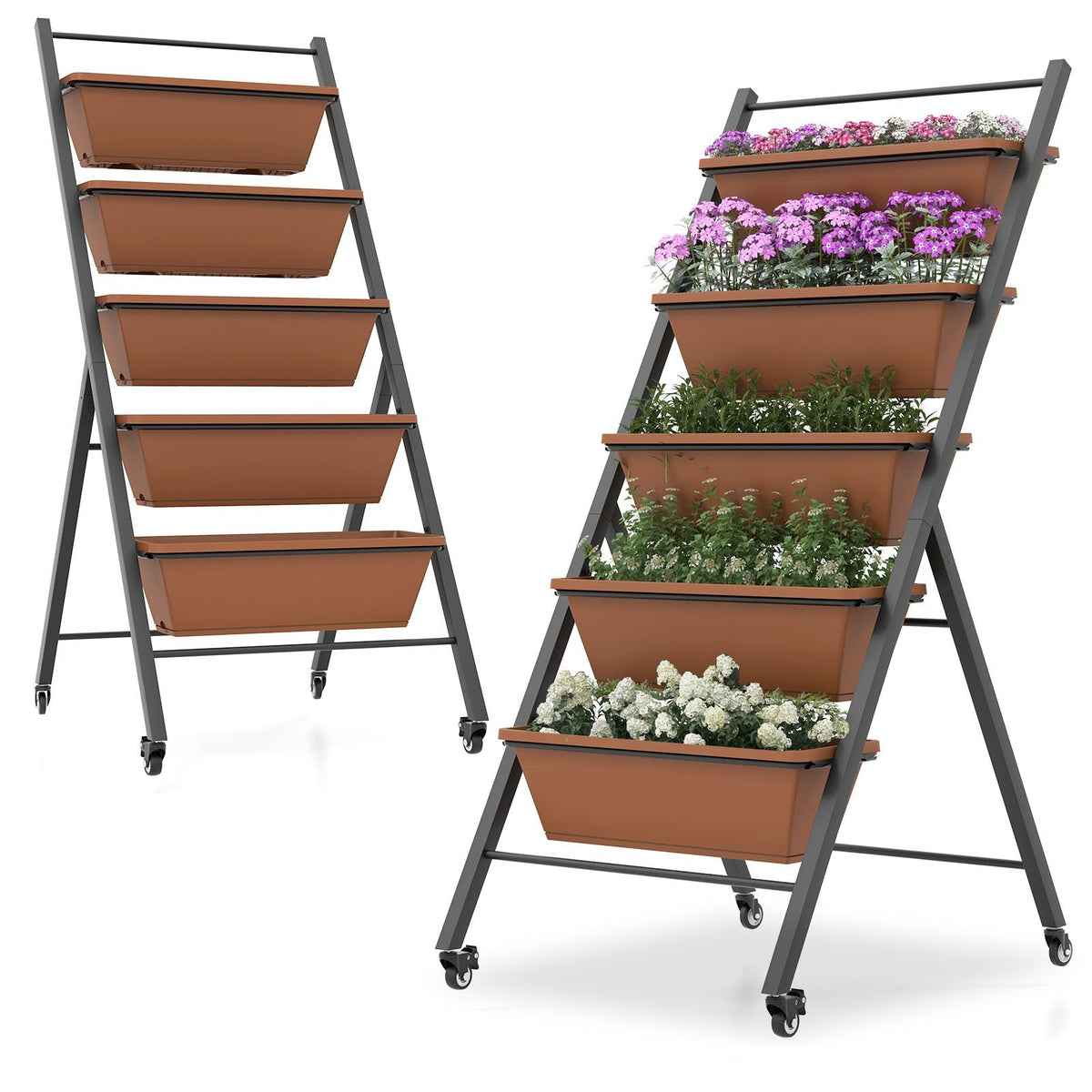 Jardinera elevada vertical de 5 niveles con ruedas y contenedores-Marrón