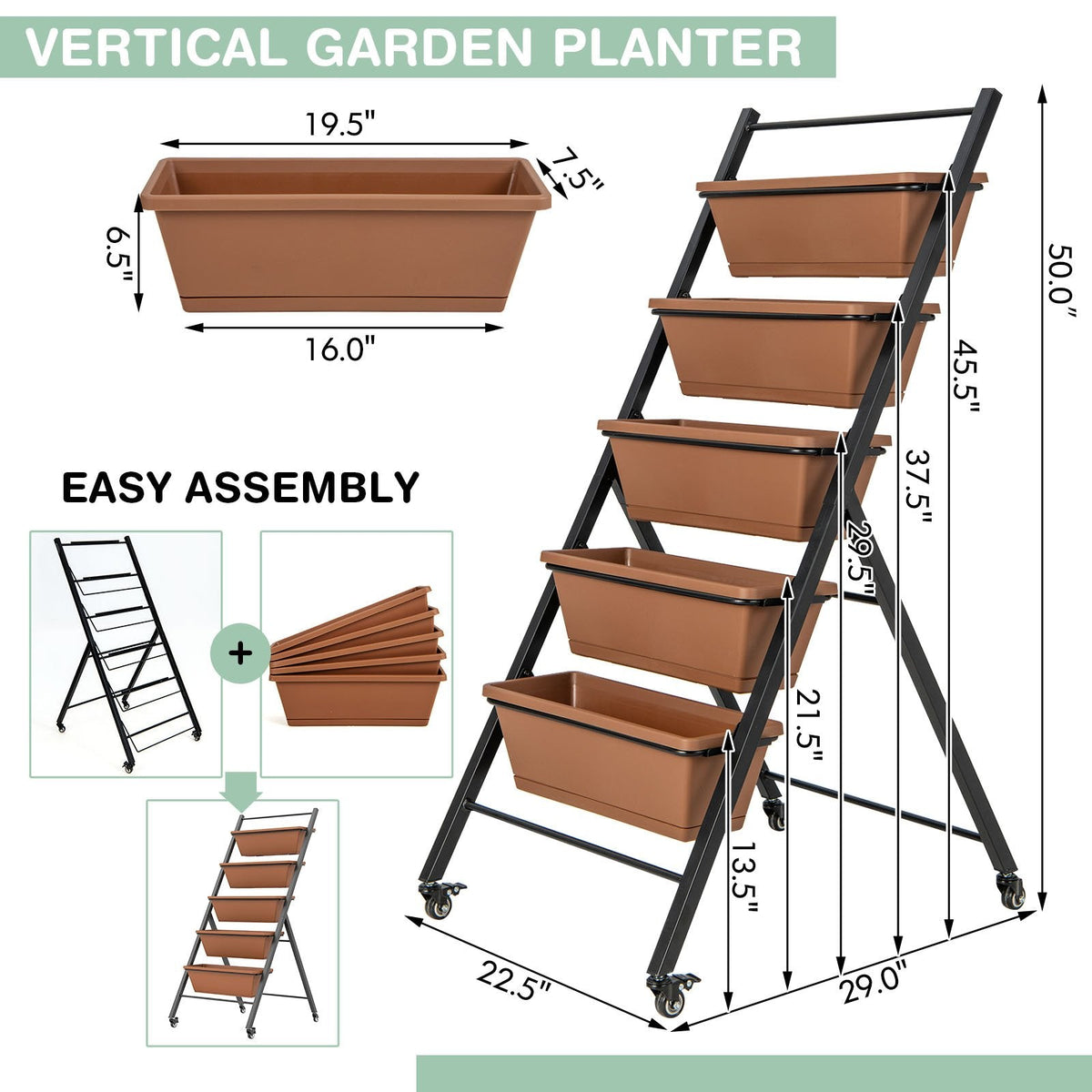 Jardinera elevada vertical de 5 niveles con ruedas y contenedores-Marrón