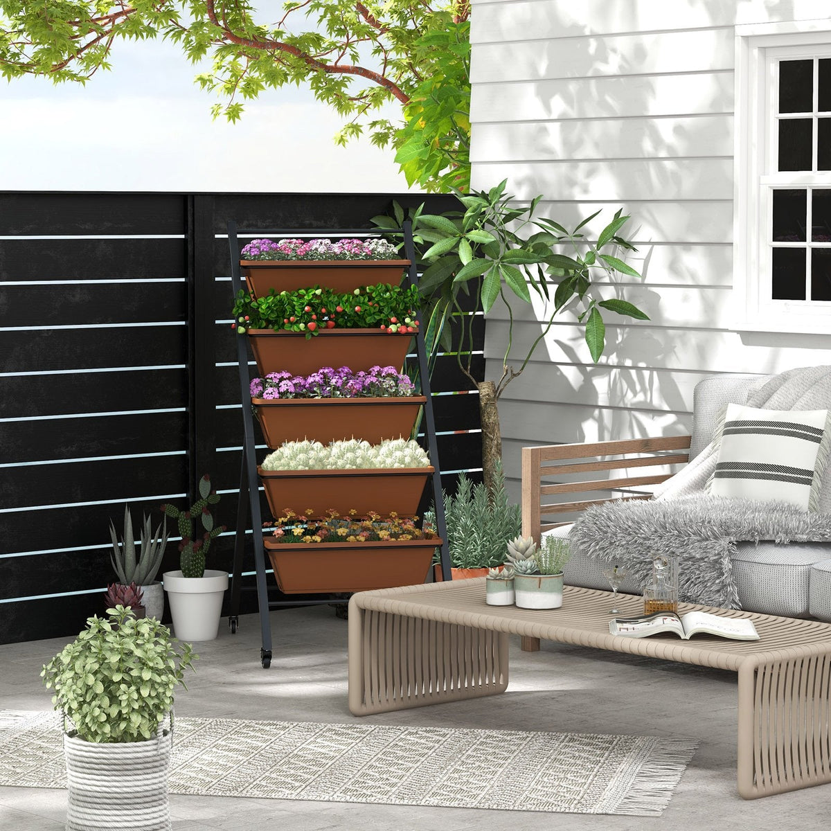 Jardinera elevada vertical de 5 niveles con ruedas y contenedores-Marrón