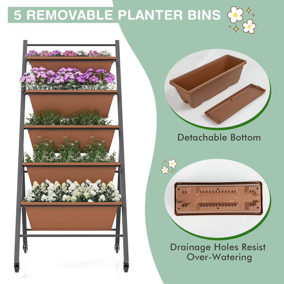 Jardinera elevada vertical de 5 niveles con ruedas y contenedores-Marrón