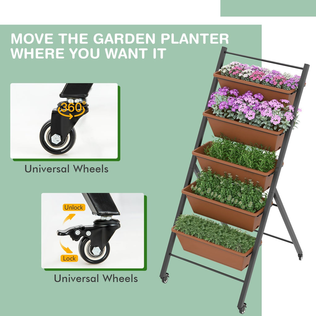Jardinera elevada vertical de 5 niveles con ruedas y contenedores-Marrón