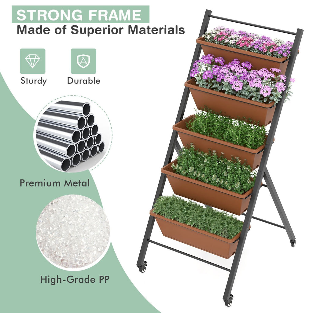 Jardinera elevada vertical de 5 niveles con ruedas y contenedores-Marrón