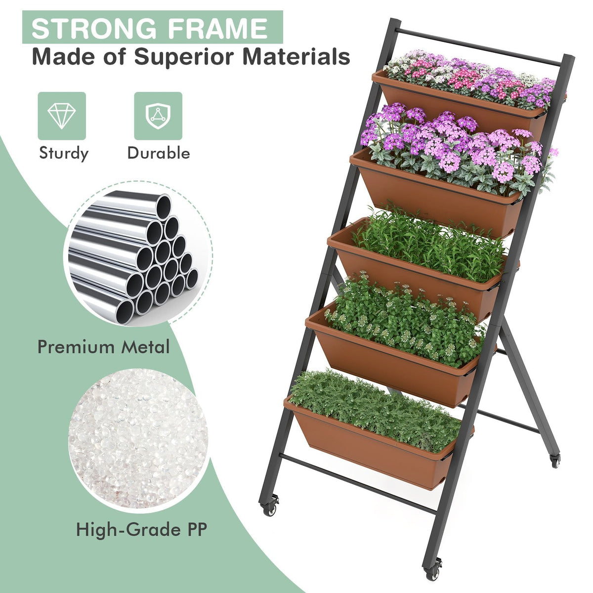 Jardinera elevada vertical de 5 niveles con ruedas y contenedores-Marrón