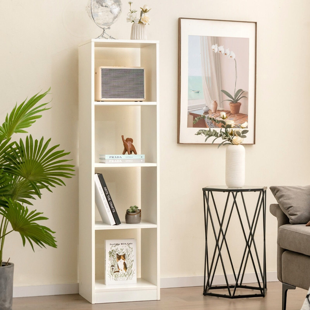 5 Tier Narrow Bookshelf with 4 Cubes and 4 Anti Tipping Kits, White