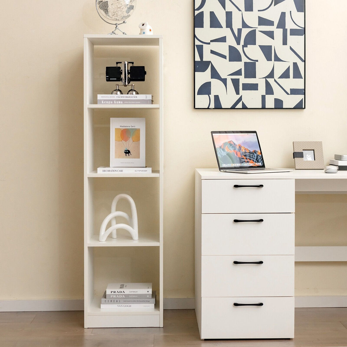 5 Tier Narrow Bookshelf with 4 Cubes and 4 Anti Tipping Kits, White