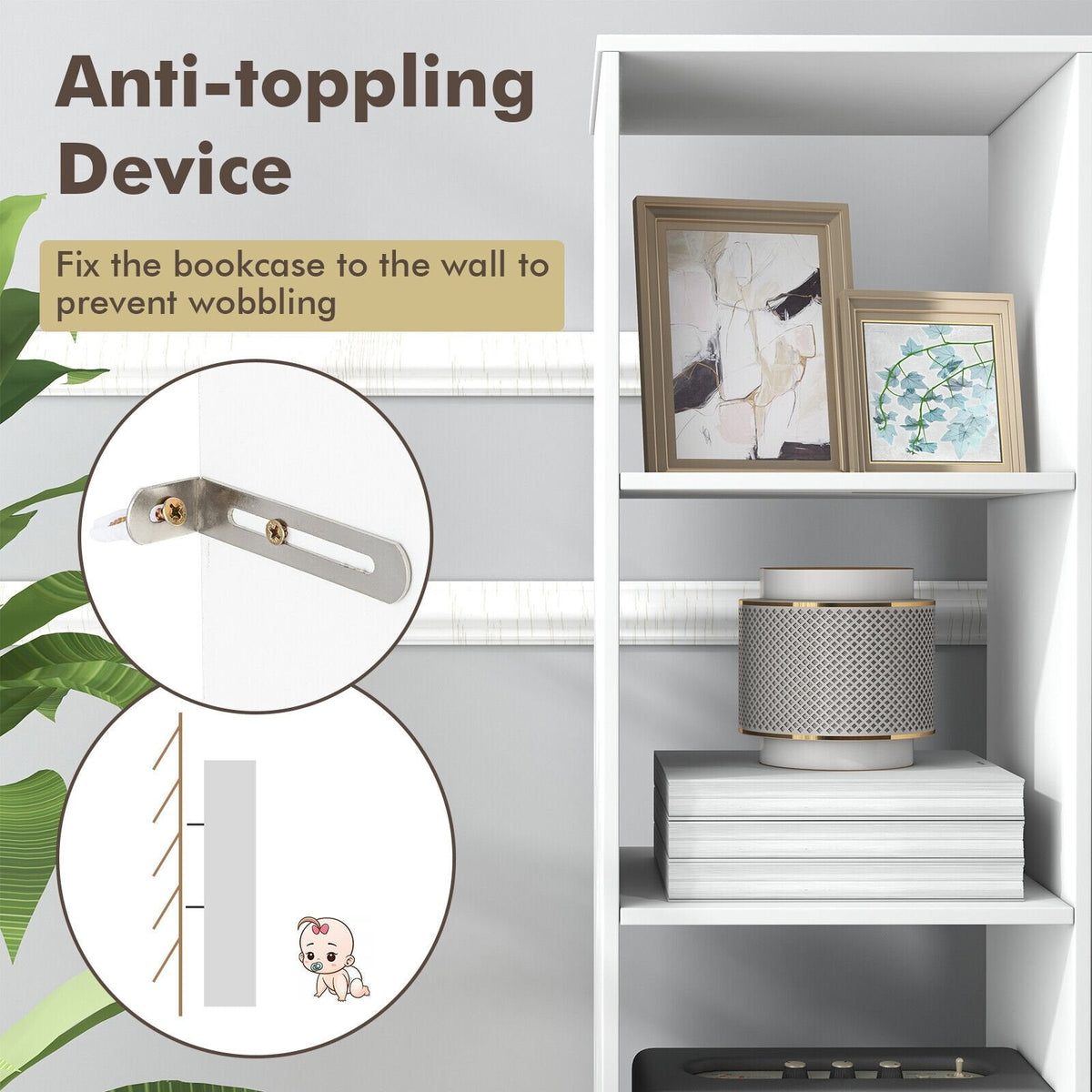 5 Tier Narrow Bookshelf with 4 Cubes and 4 Anti Tipping Kits, White