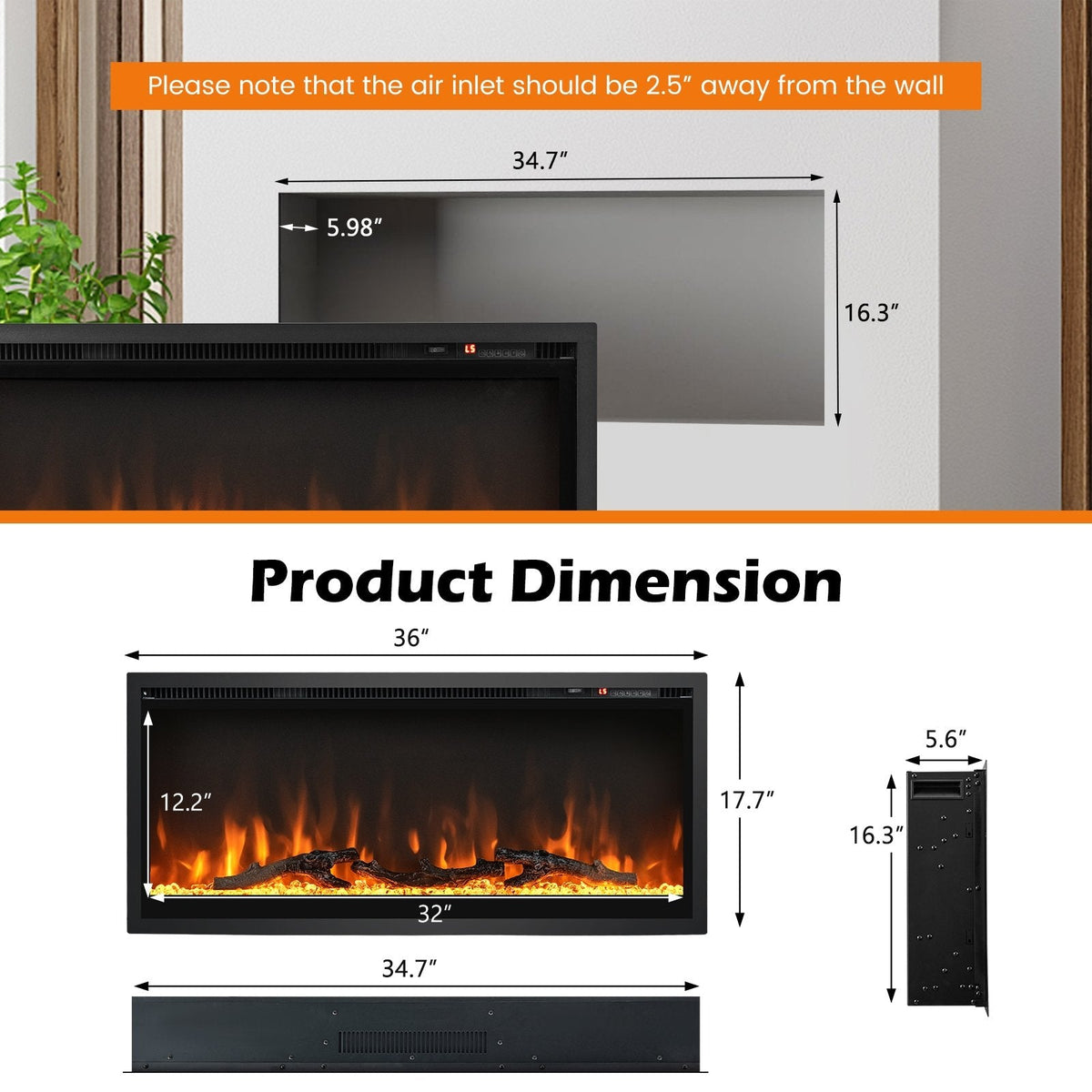 Elektrischer Wand-Kamin mit Fernbedienung und einstellbarer Farbe und Helligkeit – 36 Zoll