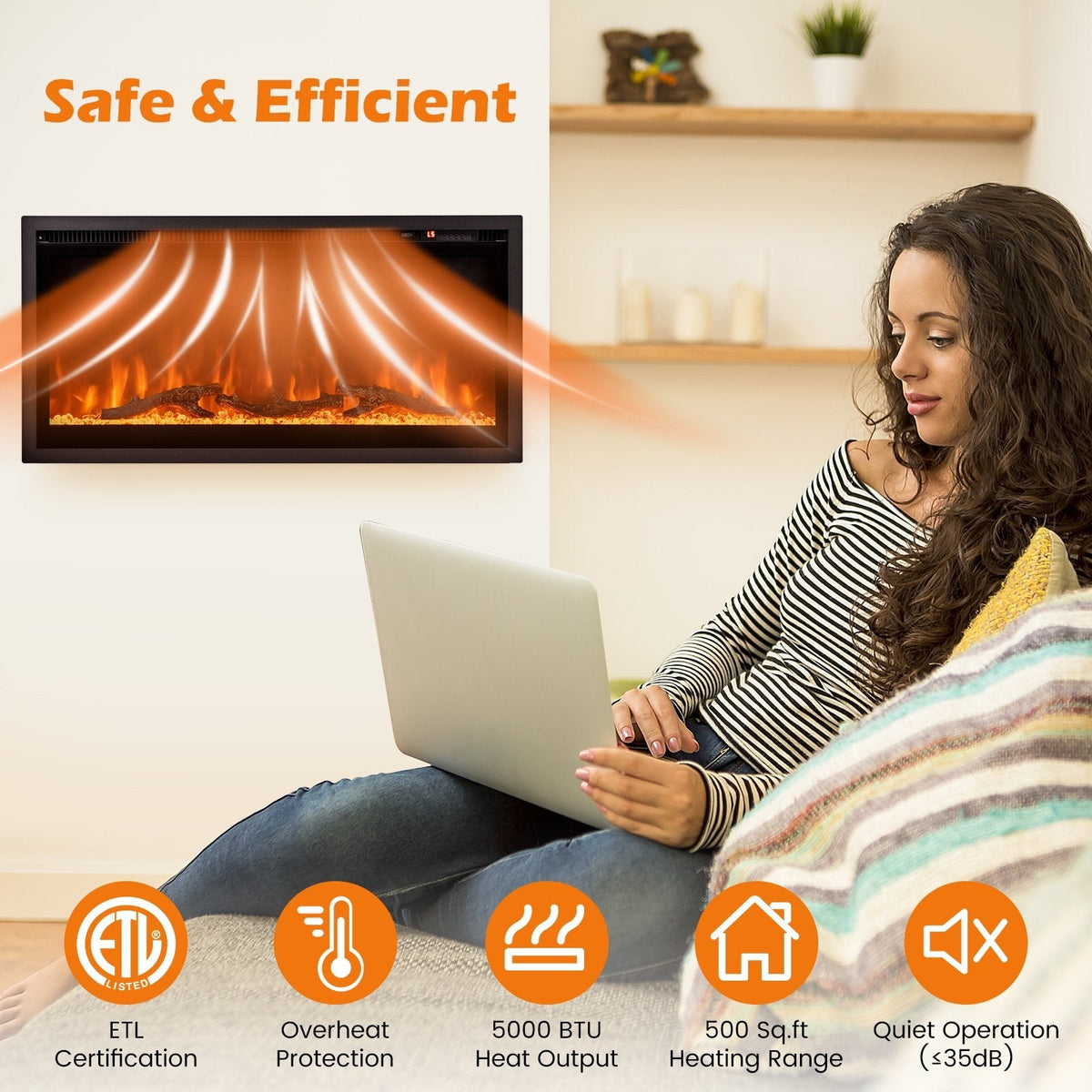 Elektrischer Wand-Kamin mit Fernbedienung und einstellbarer Farbe und Helligkeit – 36 Zoll