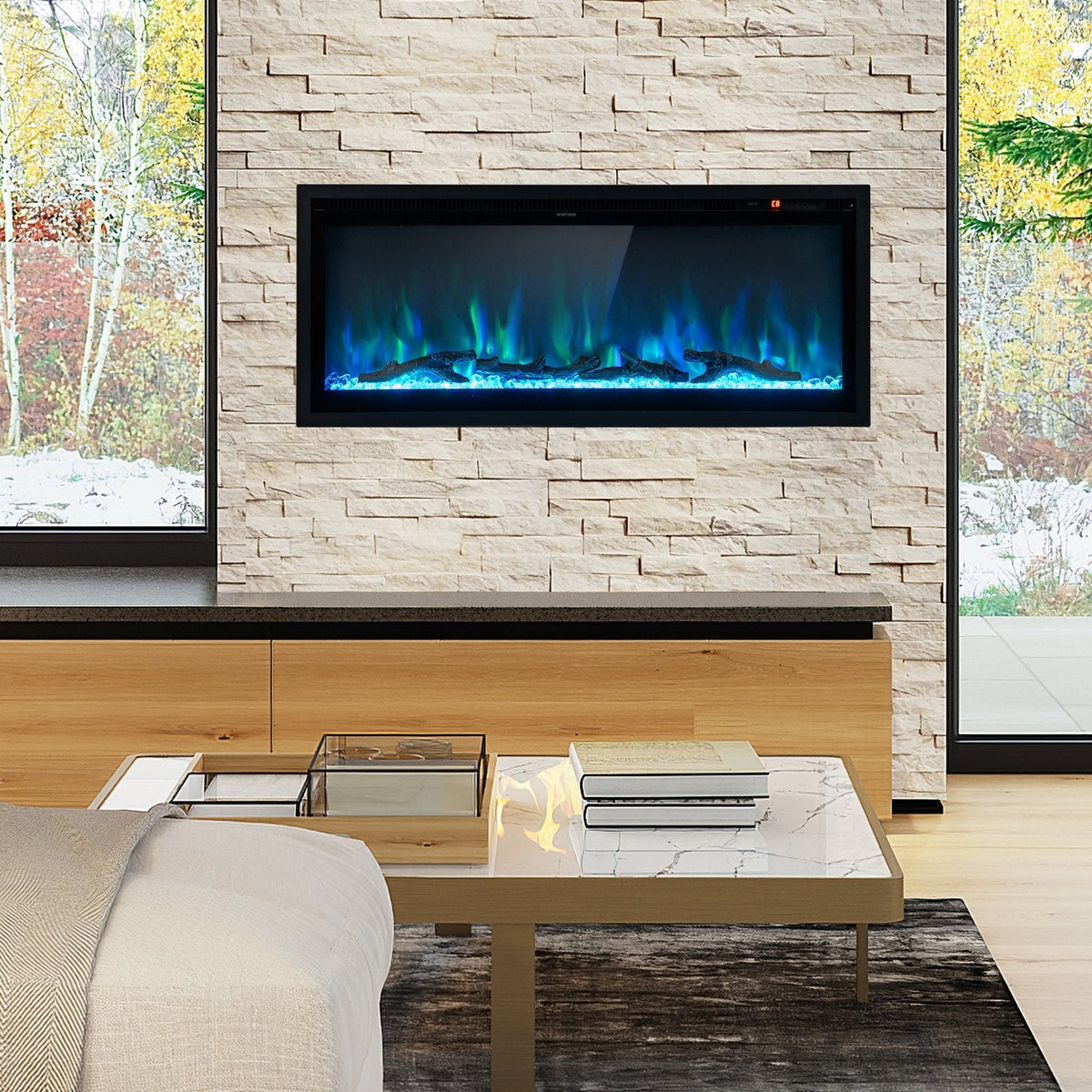 Cheminée électrique encastrée avec télécommande et couleurs et luminosité réglables – 42 pouces