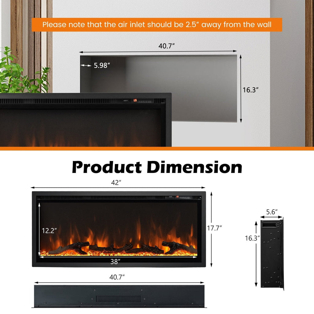 Cheminée électrique encastrée avec télécommande et couleurs et luminosité réglables – 42 pouces