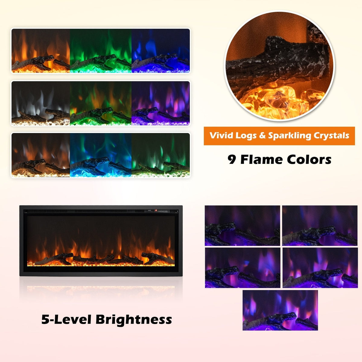 Cheminée électrique encastrée avec télécommande et couleurs et luminosité réglables – 42 pouces