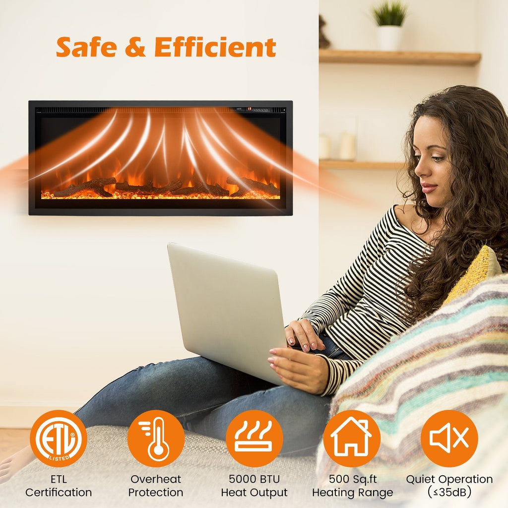 Cheminée électrique encastrée avec télécommande et couleurs et luminosité réglables – 42 pouces