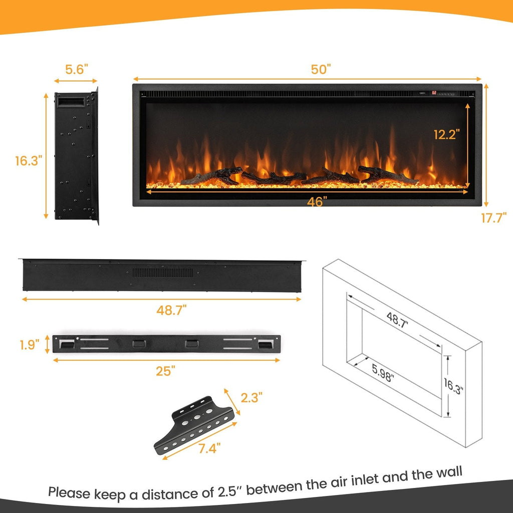Chimenea Eléctrica Empotrada de 50 Pulgadas con Control Remoto y Color y Brillo Ajustables-50 pulgadas