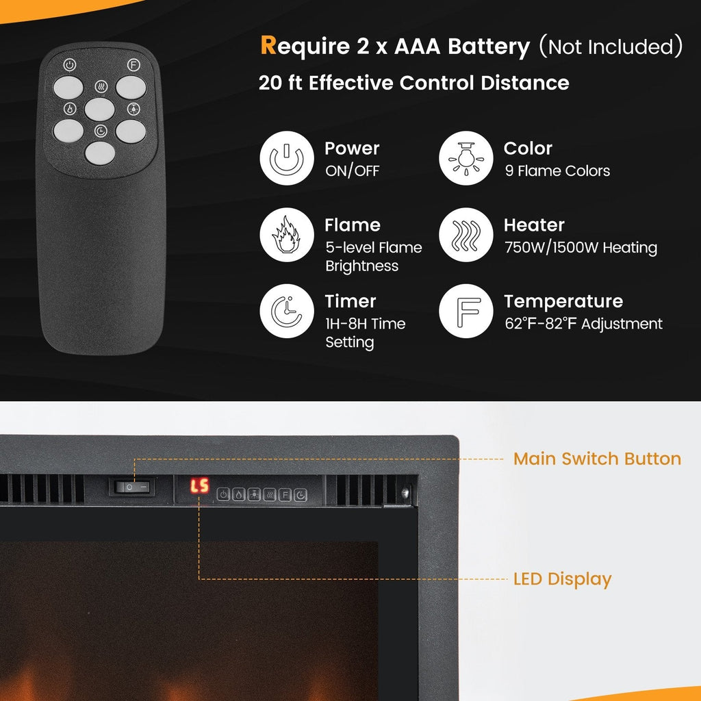 Chimenea Eléctrica Empotrada de 50 Pulgadas con Control Remoto y Color y Brillo Ajustables-50 pulgadas