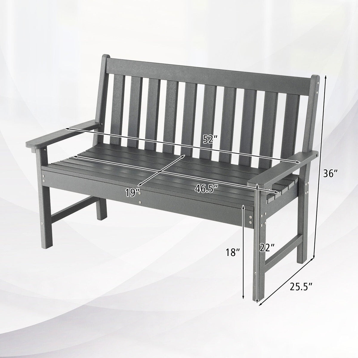 Banco de exterior de HDPE para todo tipo de clima de 52 pulgadas con respaldo y reposabrazos - Gris