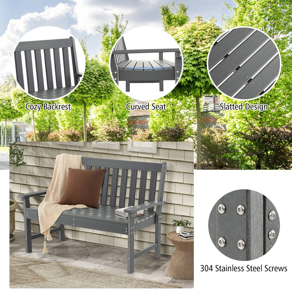 Banco de exterior de HDPE para todo tipo de clima de 52 pulgadas con respaldo y reposabrazos - Gris