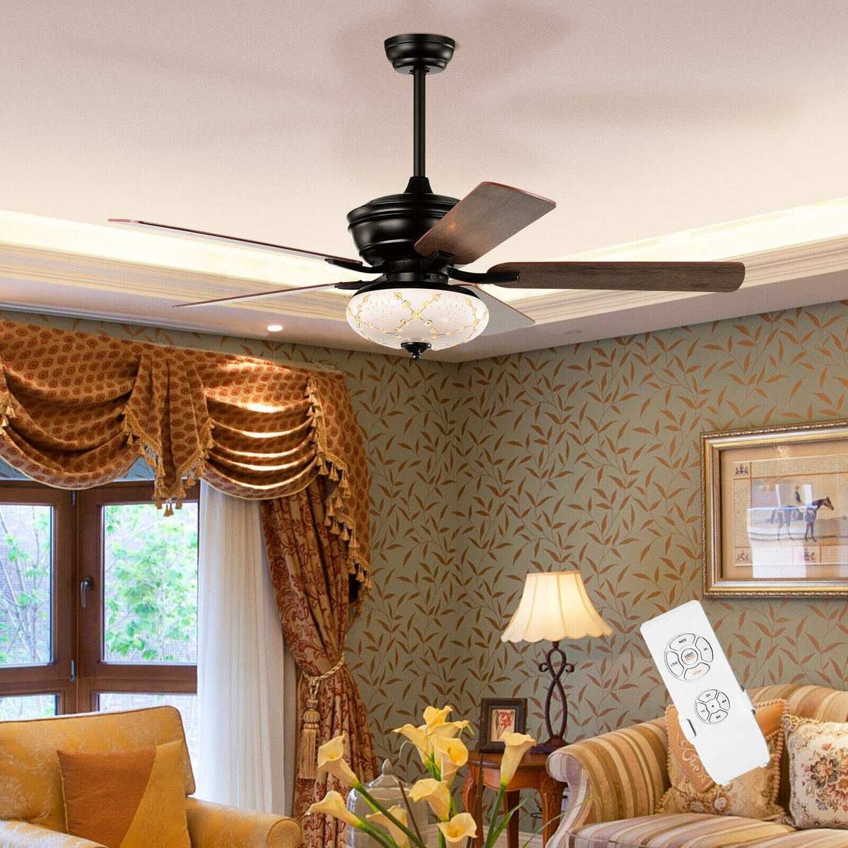 52-Zoll-Deckenventilator mit 3 Geschwindigkeitsstufen und 5 umkehrbaren Flügeln – Schwarz