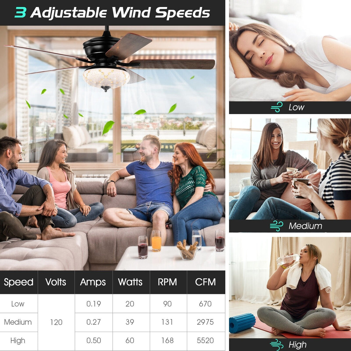 52-Zoll-Deckenventilator mit 3 Geschwindigkeitsstufen und 5 umkehrbaren Flügeln – Schwarz