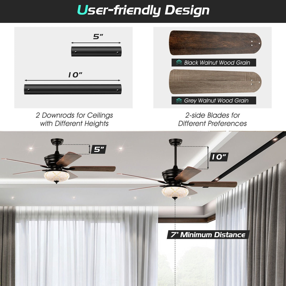52-Zoll-Deckenventilator mit 3 Geschwindigkeitsstufen und 5 umkehrbaren Flügeln – Schwarz