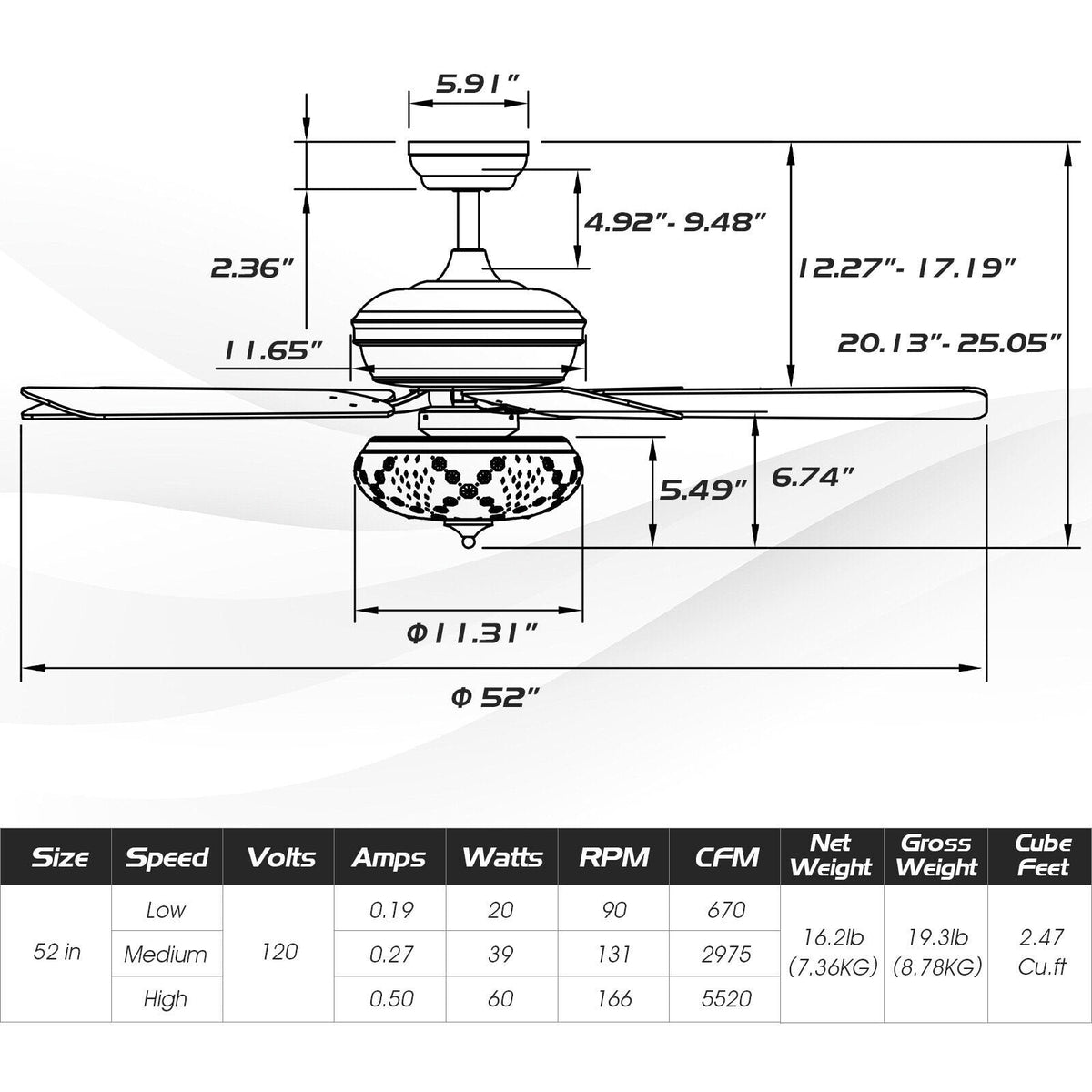 52-Zoll-Deckenventilator mit 3 Geschwindigkeitsstufen und 5 wendbaren Flügeln – Grau