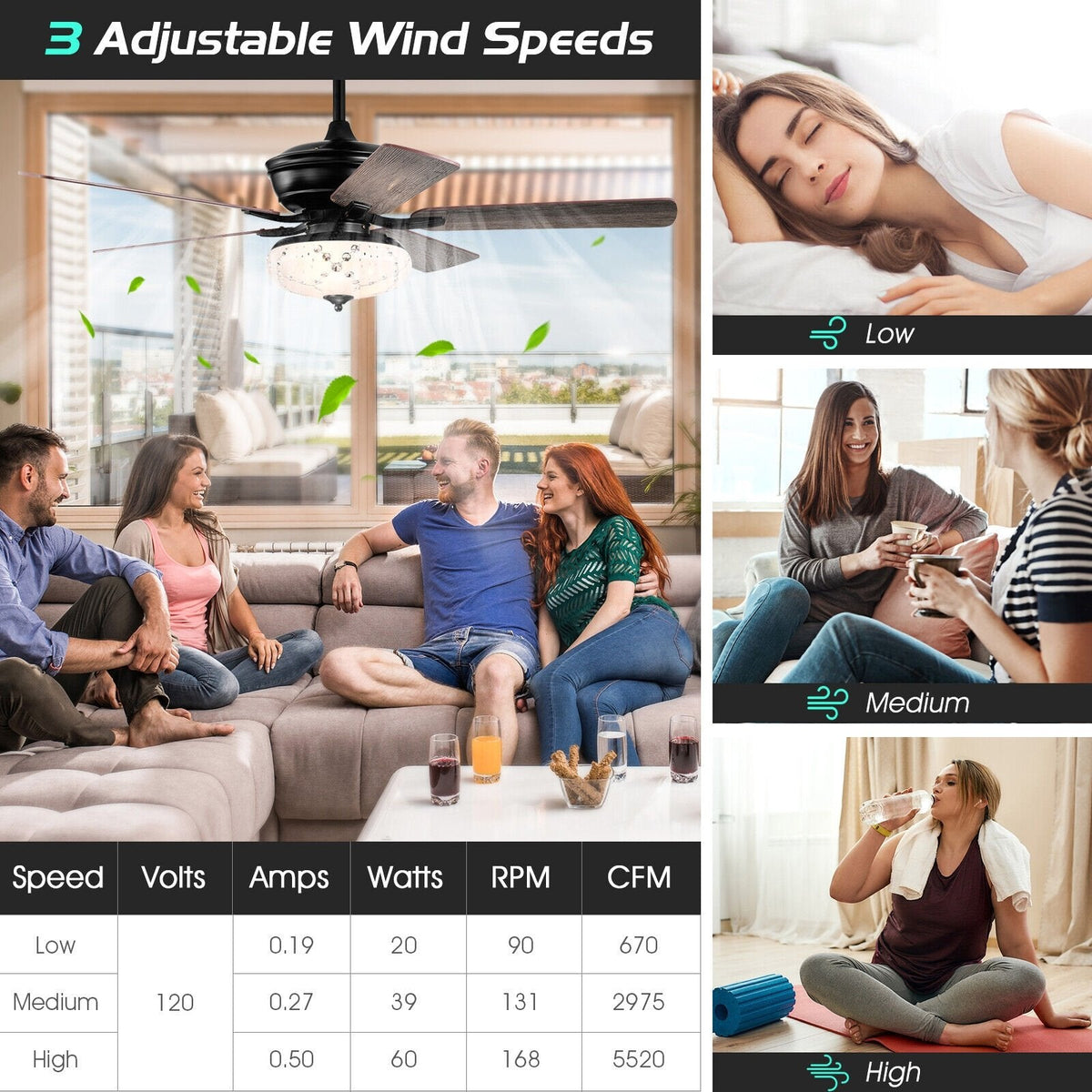 52-Zoll-Deckenventilator mit 3 Geschwindigkeitsstufen und 5 wendbaren Flügeln – Grau