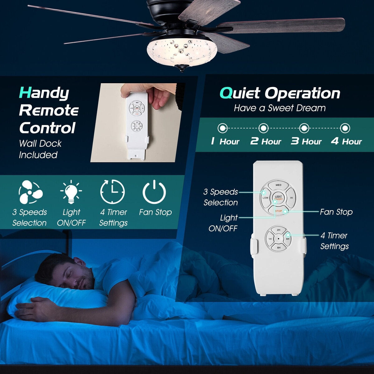 52-Zoll-Deckenventilator mit 3 Geschwindigkeitsstufen und 5 wendbaren Flügeln – Grau