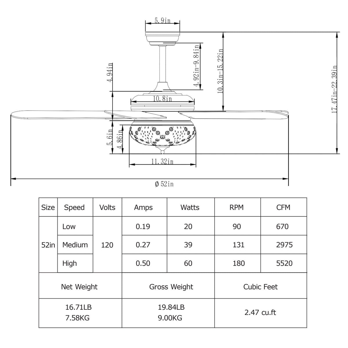 52-Zoll-Deckenventilator mit Fernbedienung – Eiche