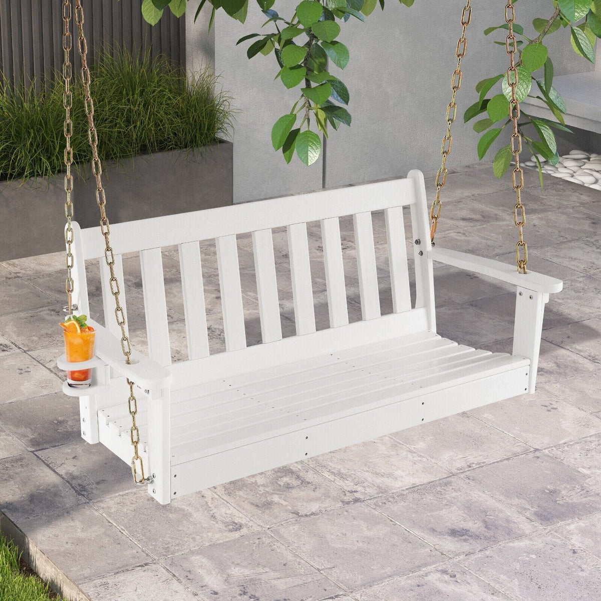 Columpio de jardín o patio de HDPE de 54 pulgadas con portavasos - Blanco
