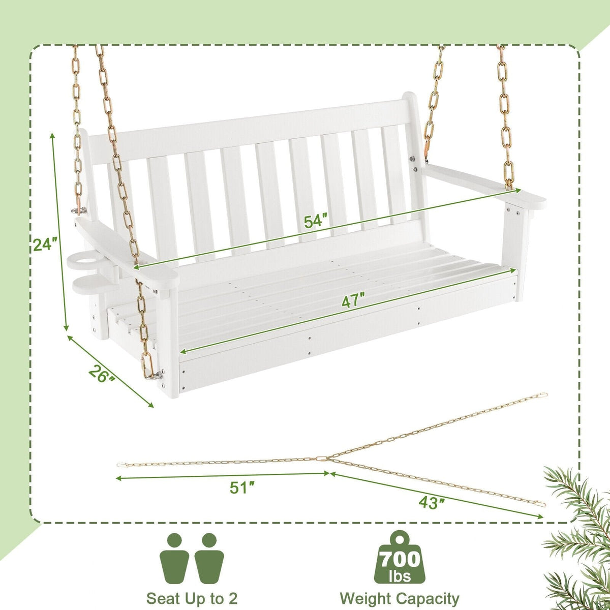 Columpio de jardín o patio de HDPE de 54 pulgadas con portavasos - Blanco