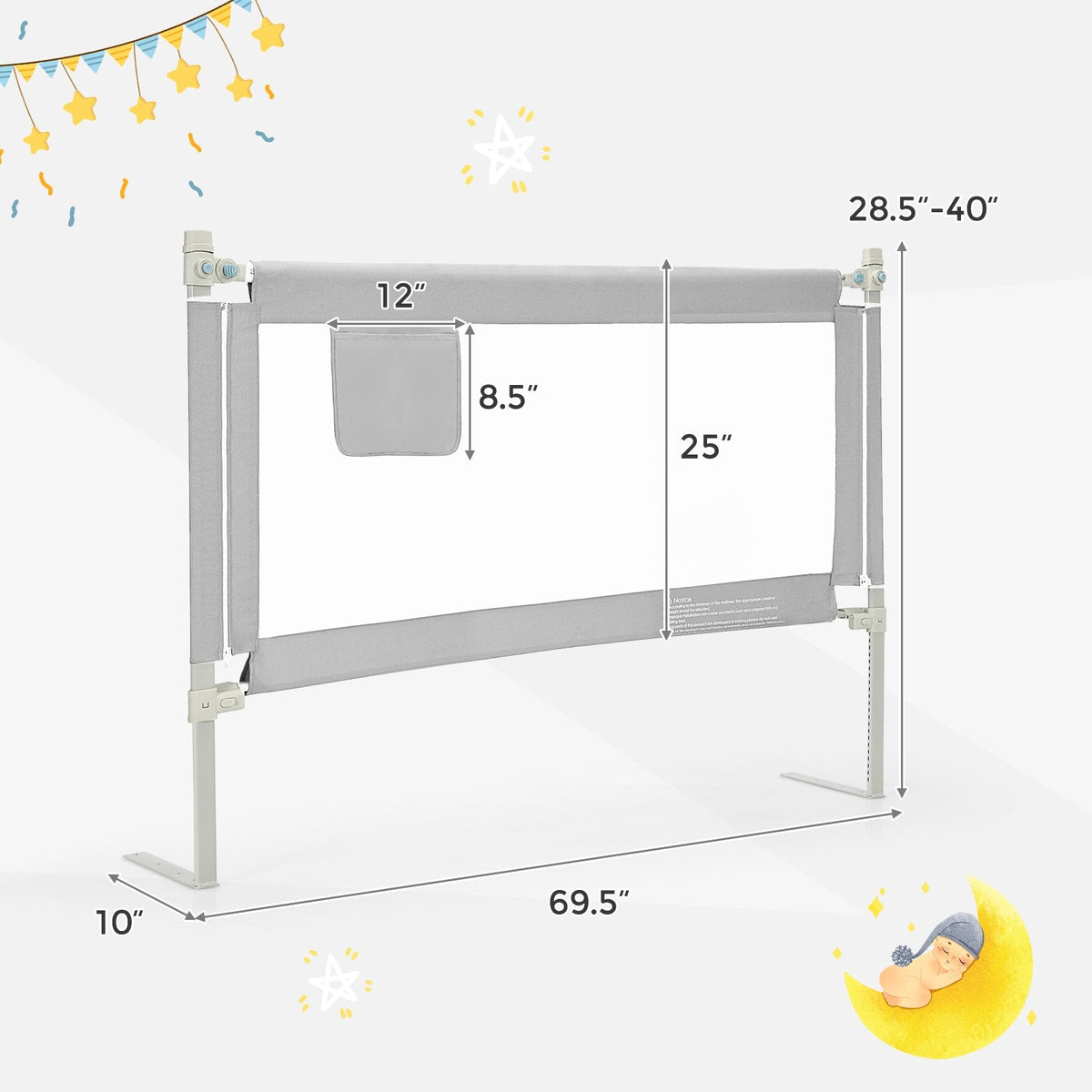 Barrière de lit bébé à levage vertical pour tout-petits, 57 pouces, avec verrouillage – grise