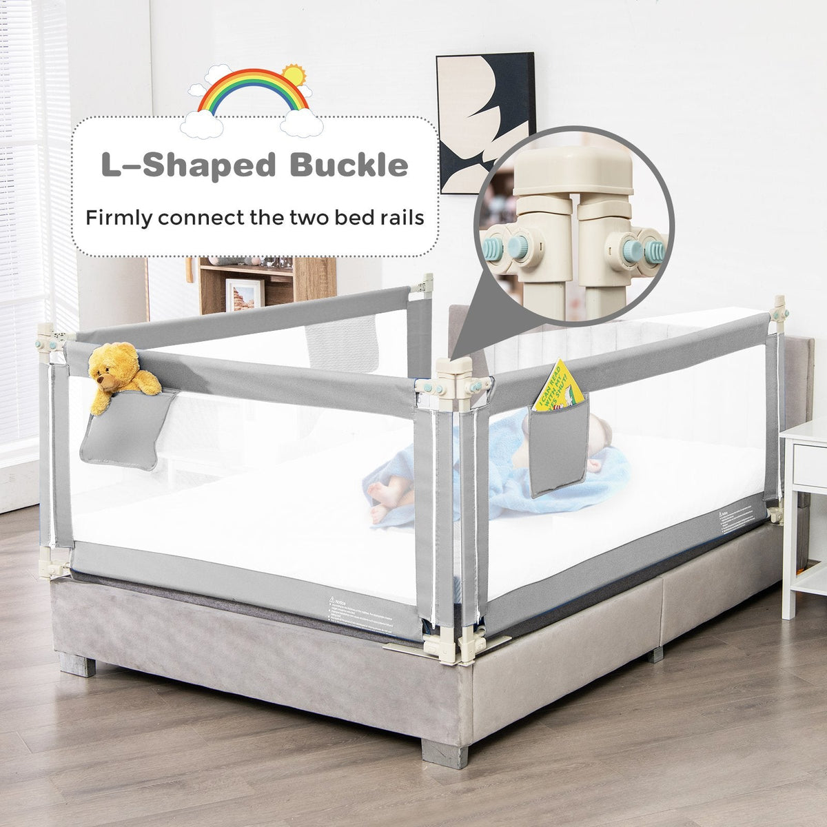 Barrière de lit bébé à levage vertical pour tout-petits, 57 pouces, avec verrouillage – grise