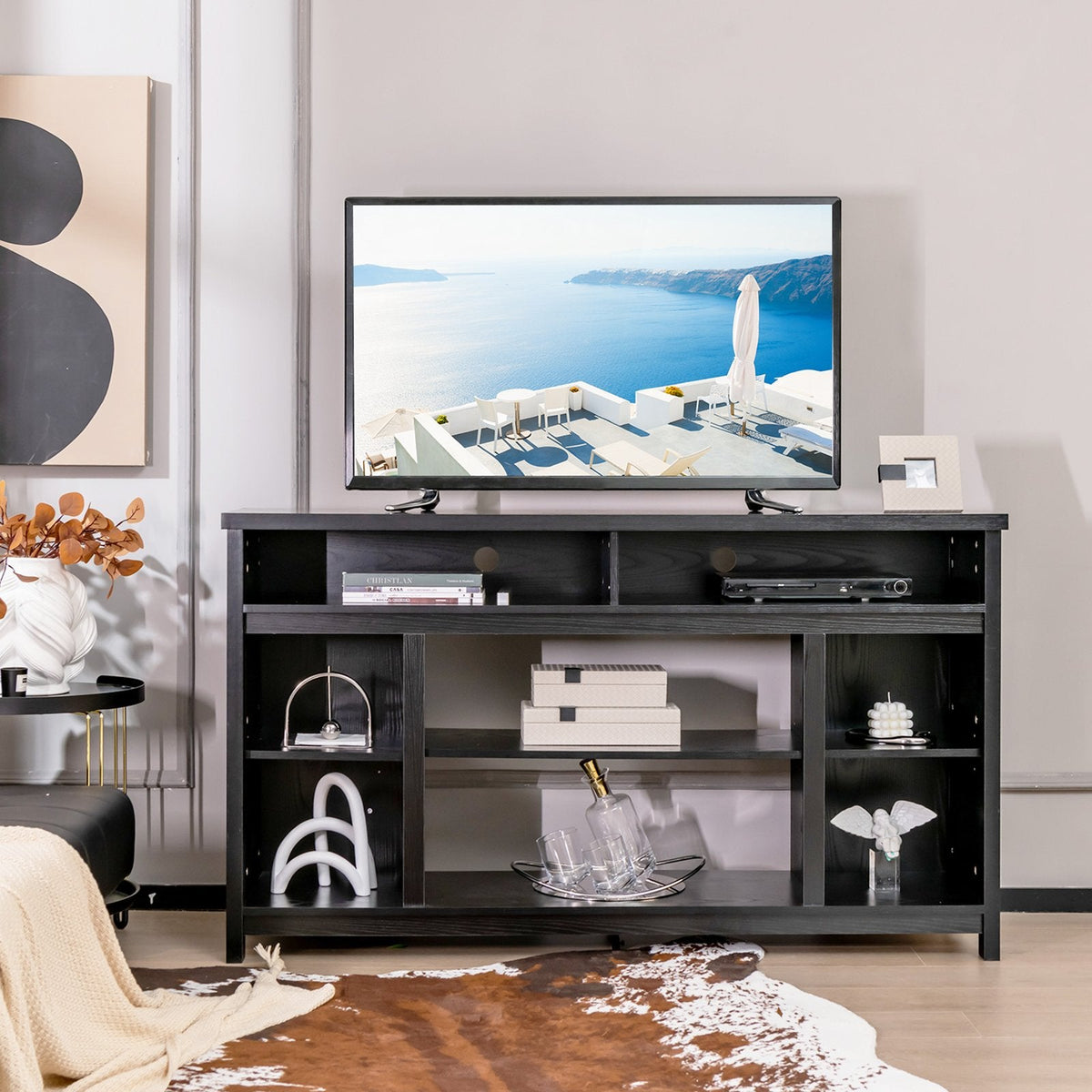 Mueble de TV de 58 Pulgadas, Centro de Entretenimiento con Estantes Abiertos Ajustables-Negro