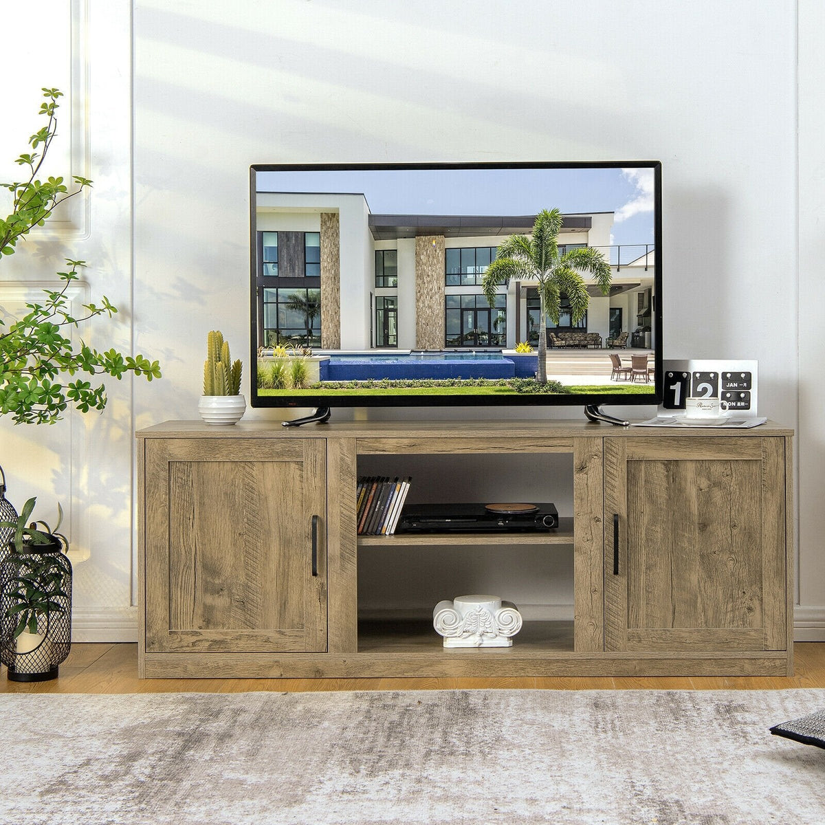 最大65インチテレビ対応 ダブルバーンドア付きテレビ台-ナチュラル