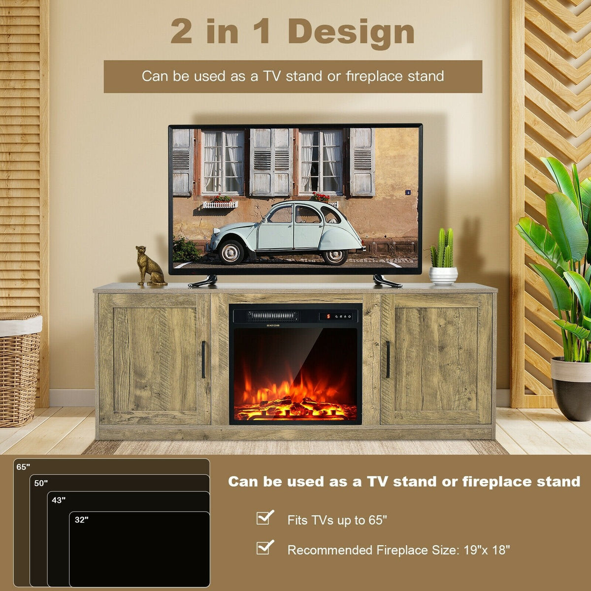 最大65インチテレビ対応 ダブルバーンドア付きテレビ台-ナチュラル