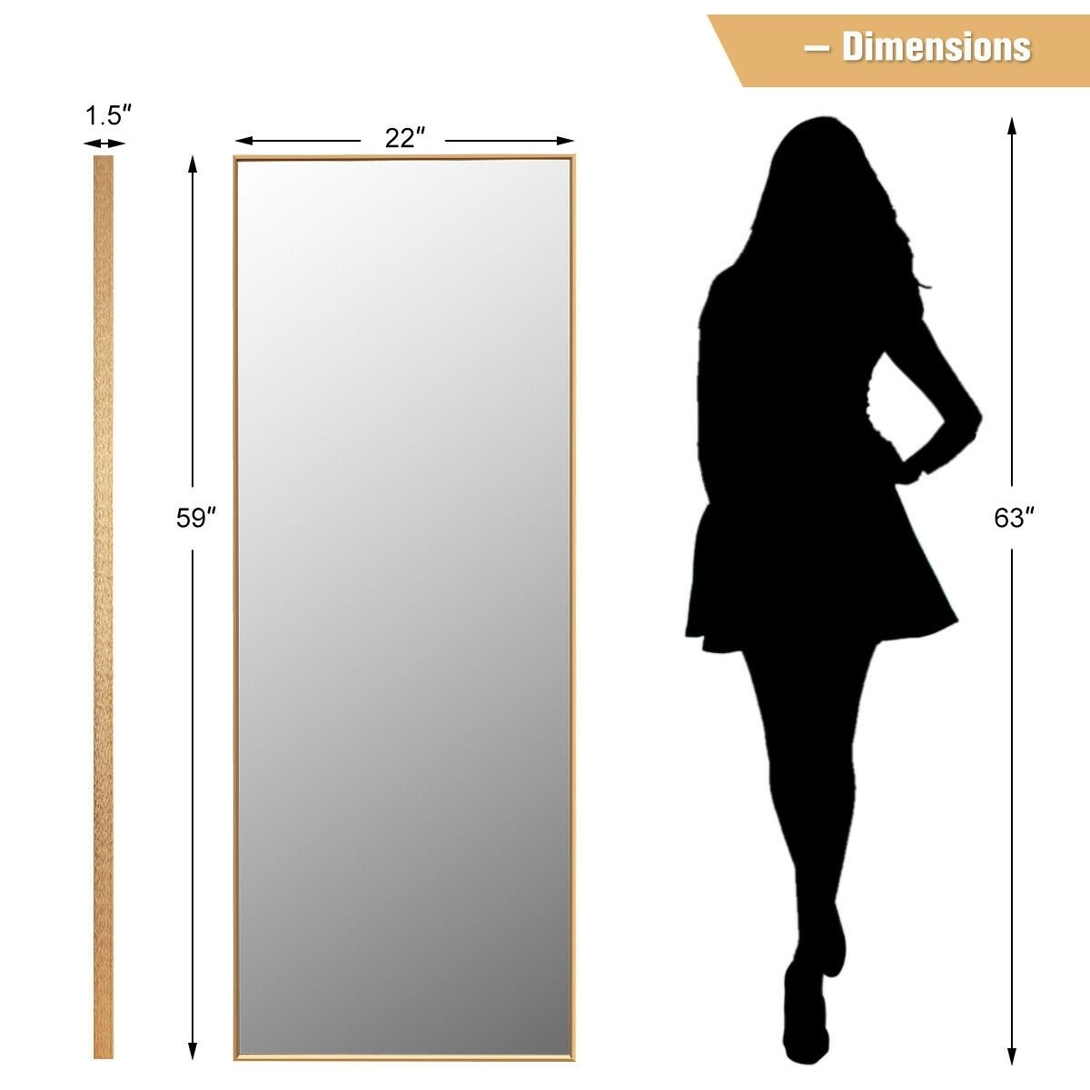 Espejo de cuerpo entero de 59 pulgadas, espejo rectangular grande para dormitorio - Dorado