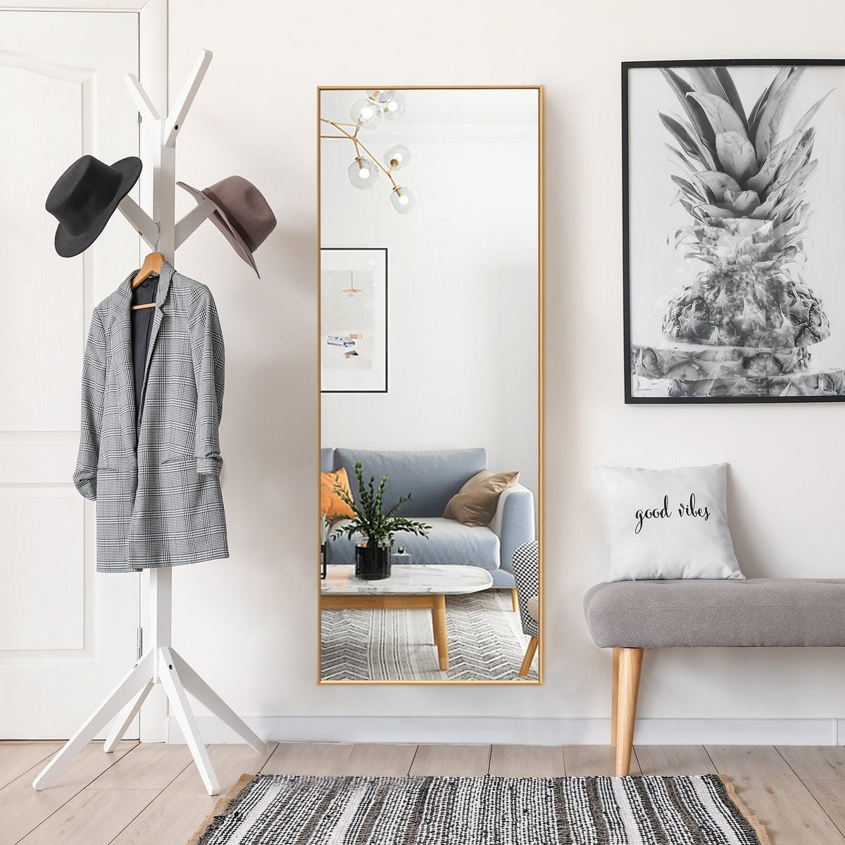 Espejo de cuerpo entero de 59 pulgadas, espejo rectangular grande para dormitorio - Dorado