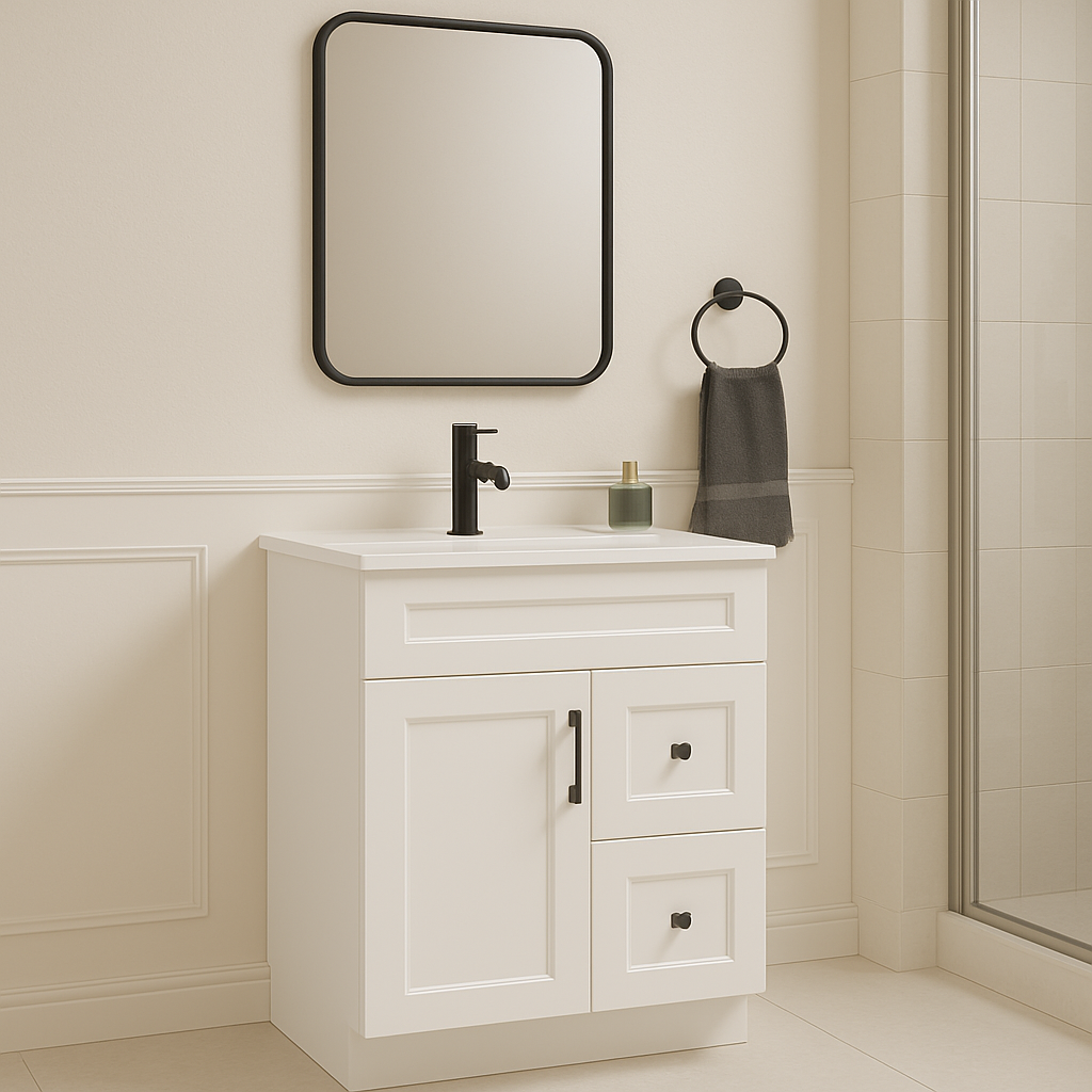 Tocador de baño shaker de 30 pulgadas con cajones — Izquierda o derecha | Blanco o gris | Gabinete de madera contrachapada, puerta de madera maciza, bisagras de clip de 3 vías de cierre suave