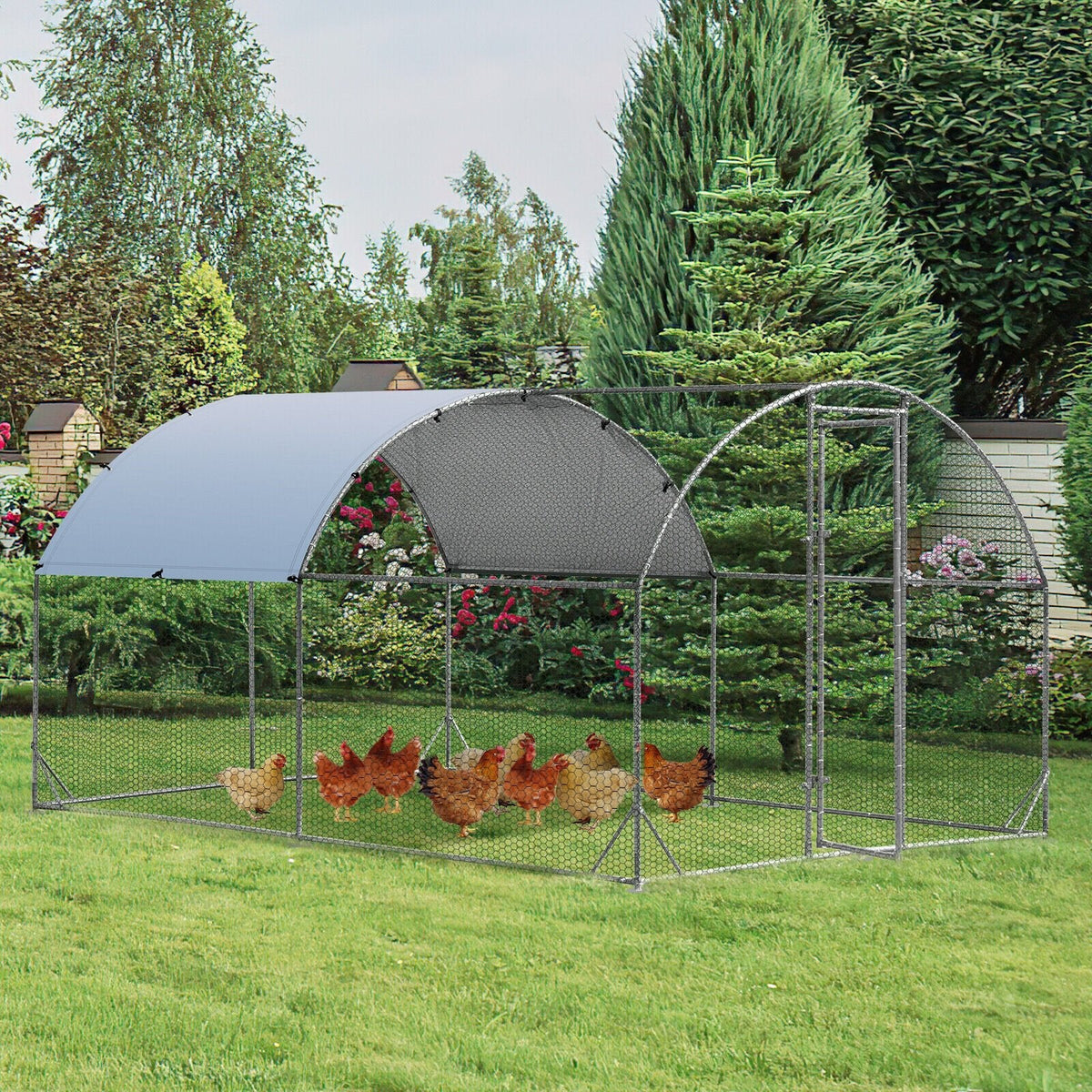 6,2 Fuß/12,5 Fuß/19 Fuß Großer Metall-Hühnerstall, Outdoor-Kuppelkäfig aus verzinktem Stahl mit Abdeckung - M